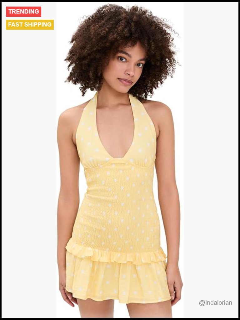 Shirred Halter Mini Dress With Polka Dot Print Smocked Bodice Ruffle Hem